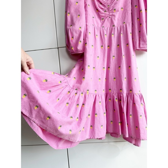 Farm Rio Linen Midi Dress Pink Embroidered Pineapple Size Small NWT - Picture 4 of 12